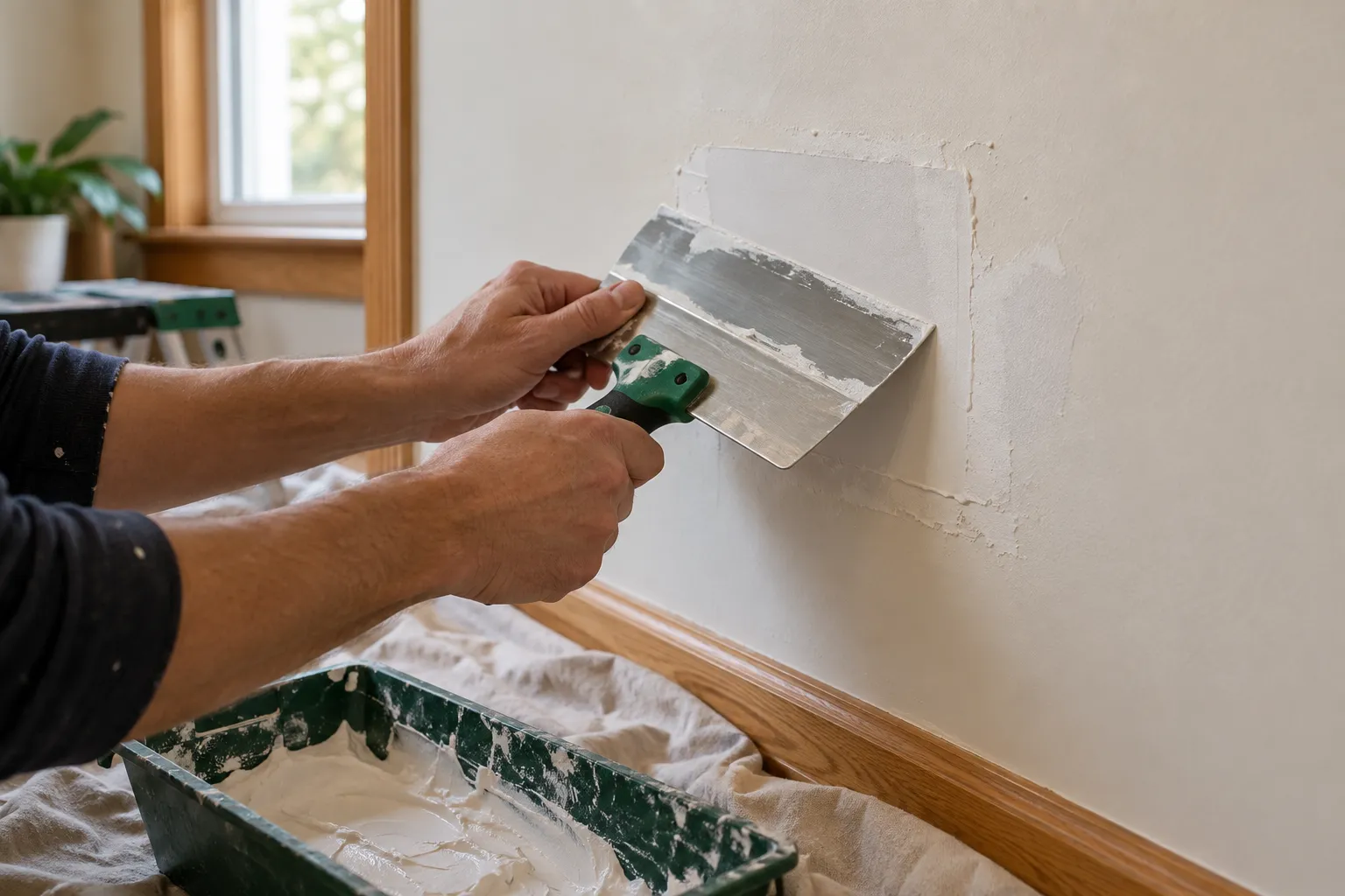 Joint compound being applied to a drywall repair with a taping knife