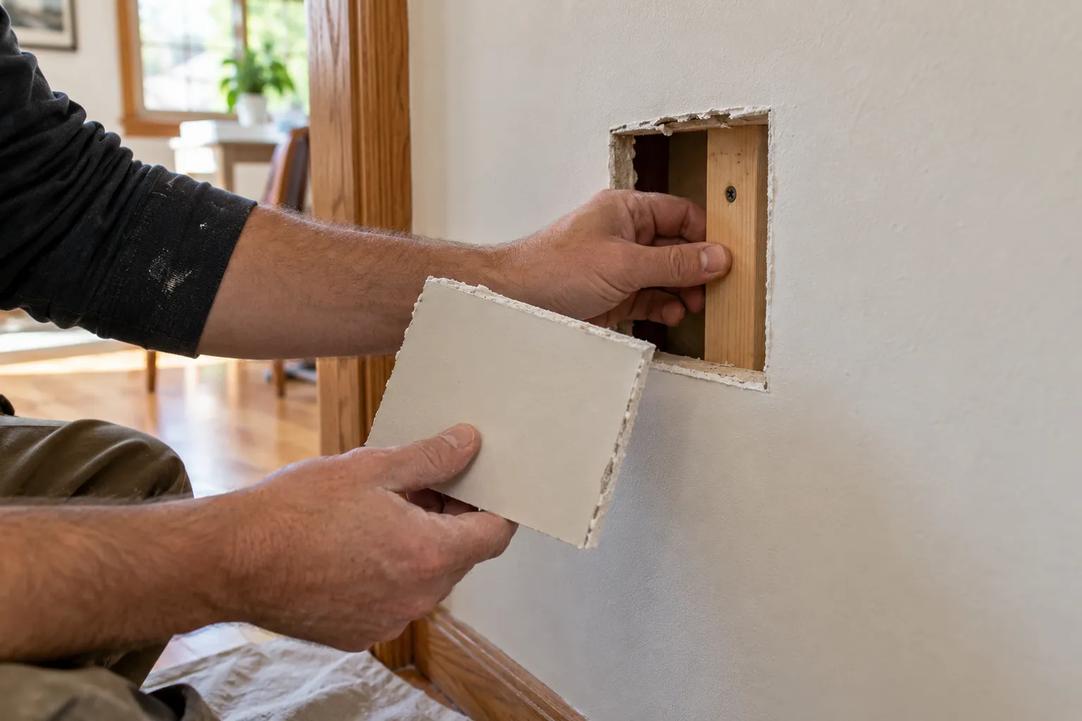 Small drywall opening being prepared for repair
