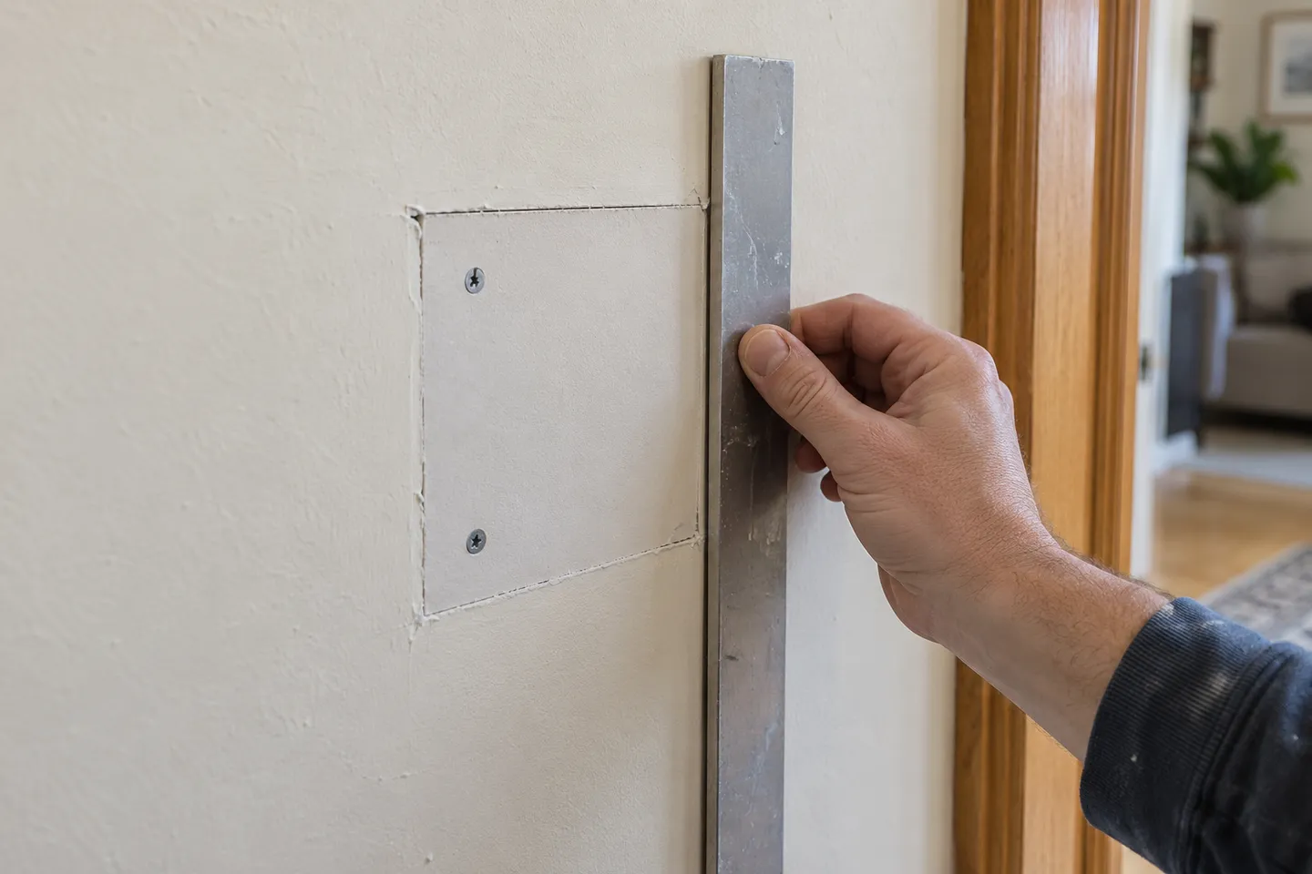 Localized drywall patch being checked for a flush fit