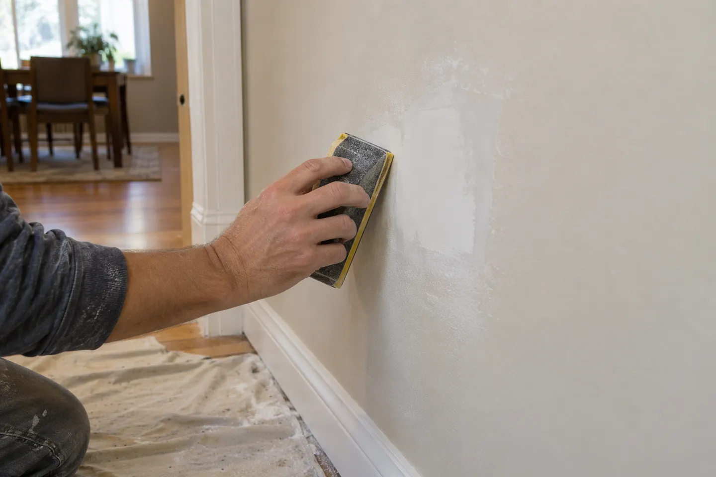 Drywall repair being sanded smooth before primer