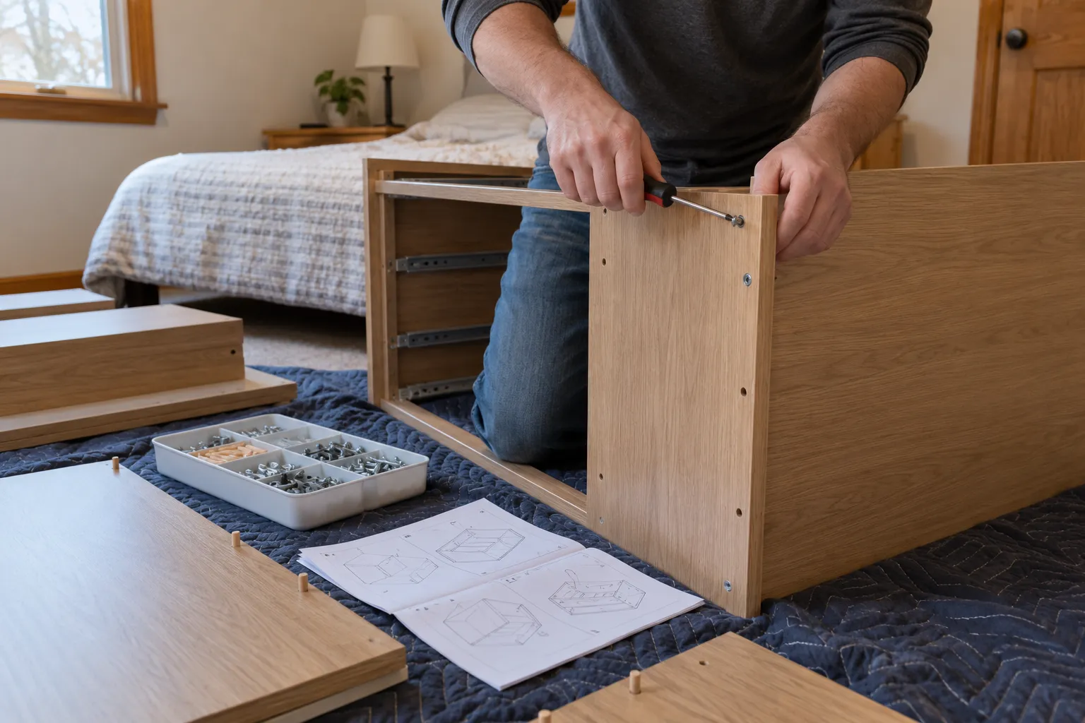 Flat-pack furniture being assembled with supplied hardware and instructions