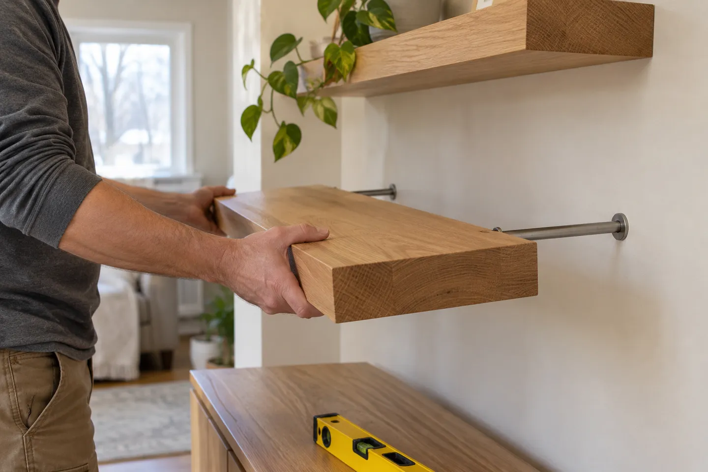 Floating shelf being positioned onto wall-mounted supports