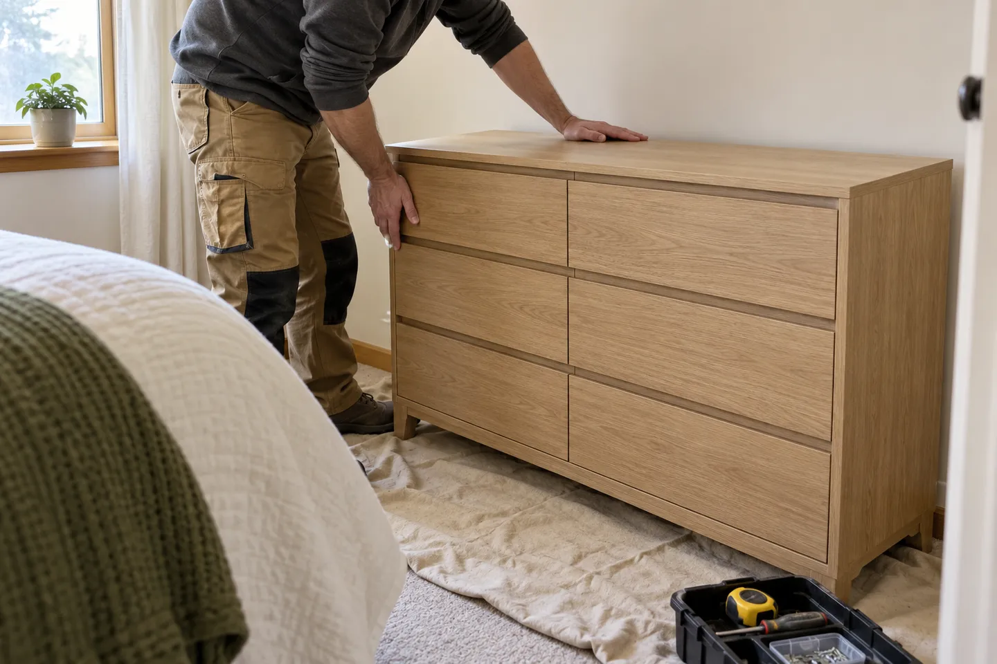 Assembled furniture being checked for stability and alignment