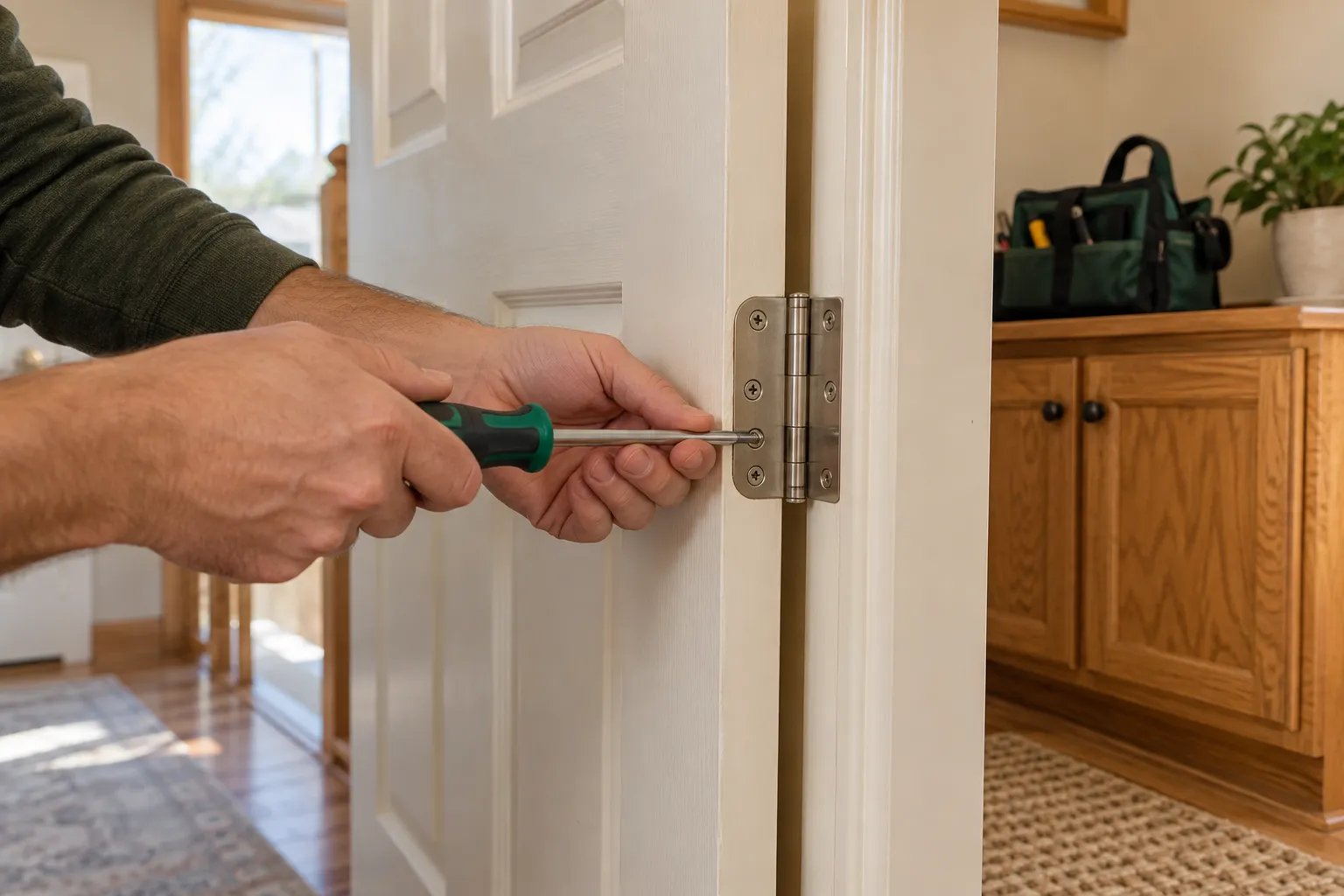 Interior door hinge being adjusted during a door repair