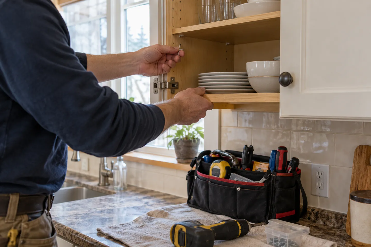 Household shelf fitting being checked beside an organized tool bag