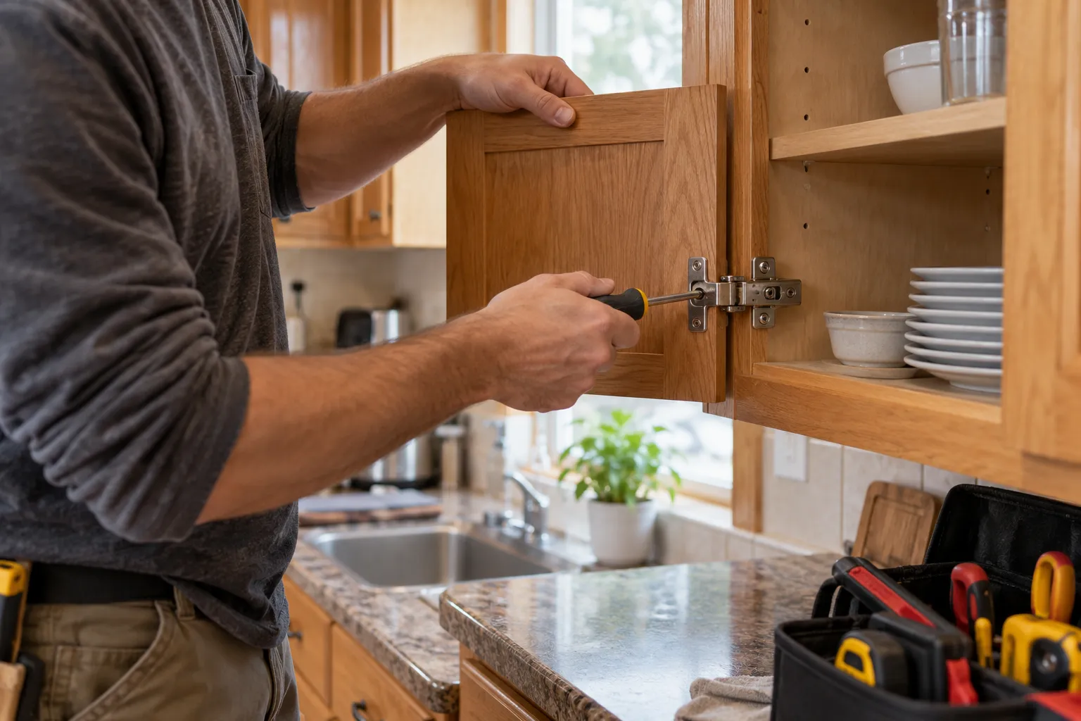 Handyman adjusting household hardware during a small home repair