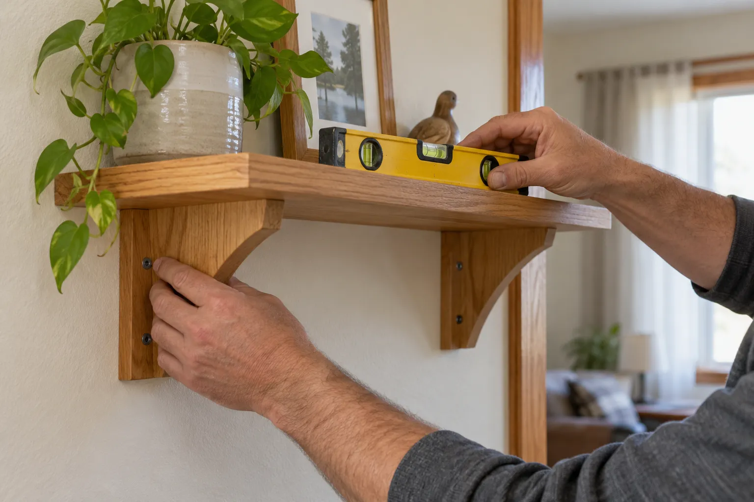 Handyman leveling a wall-mounted shelf during a home maintenance visit