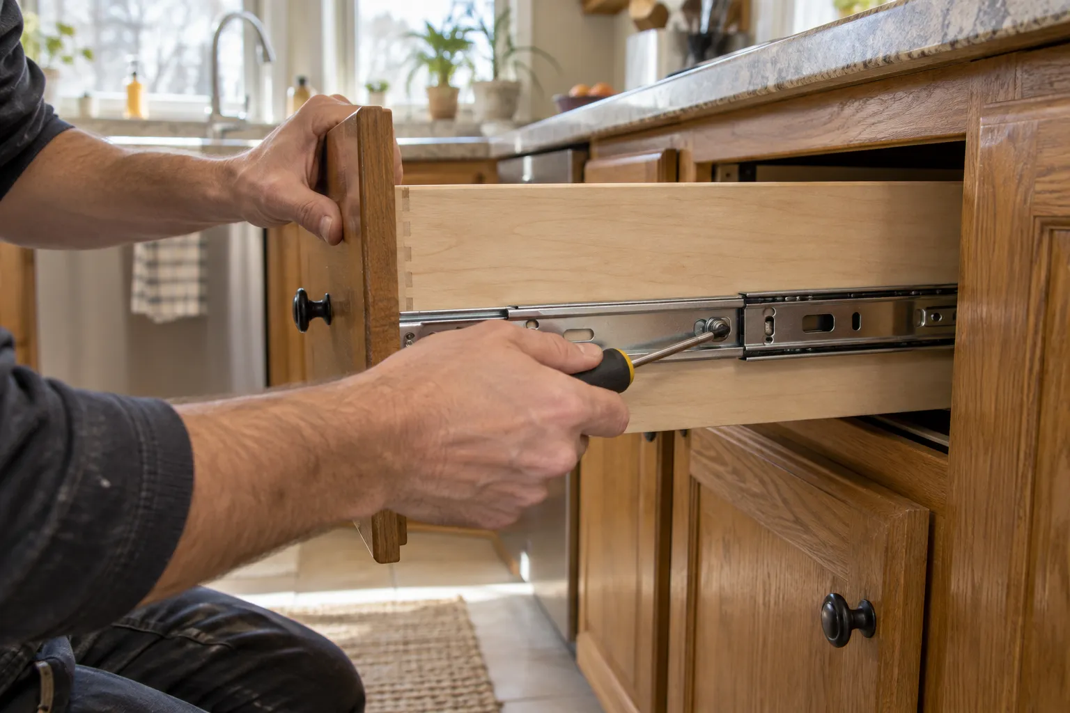 Hands adjusting a cabinet drawer mechanism during a home repair