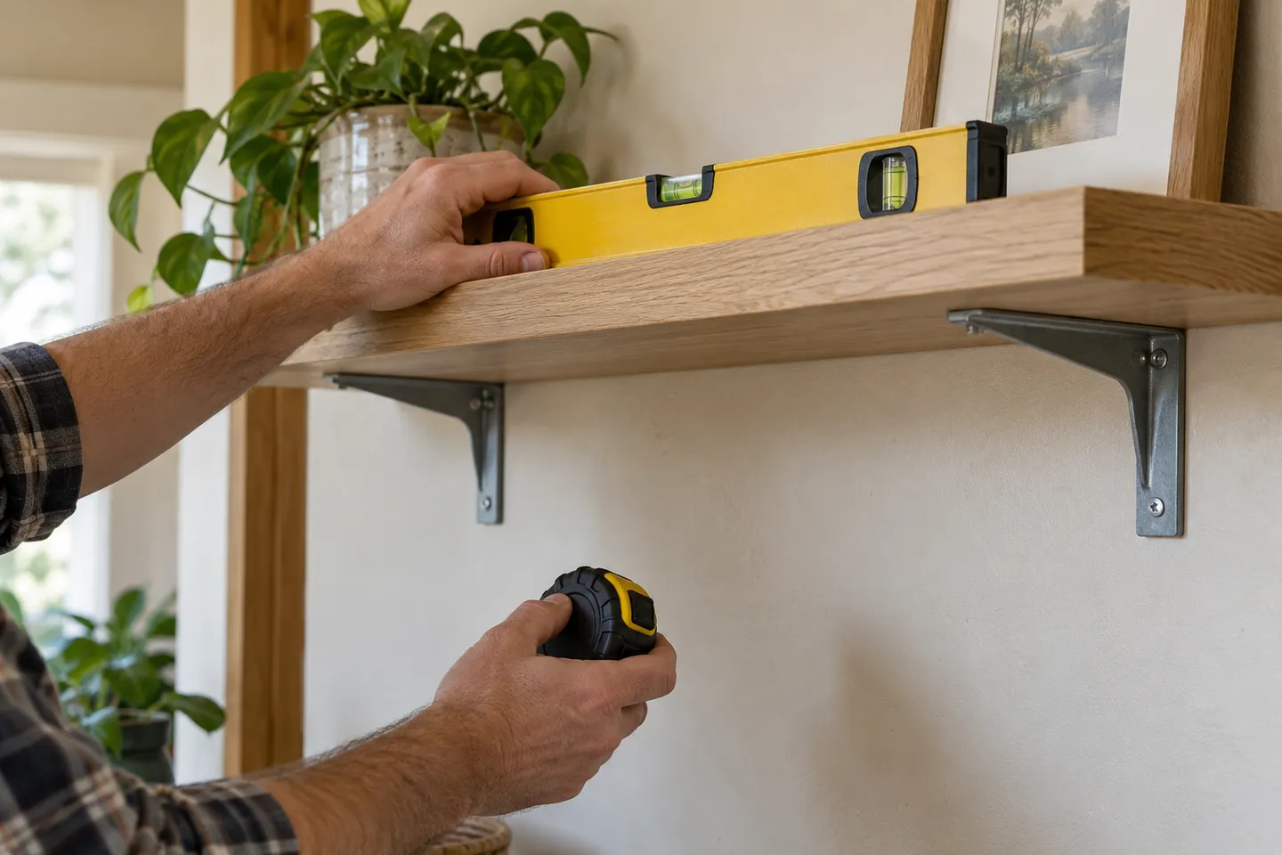Wall shelf placement being checked with a level and measuring tape