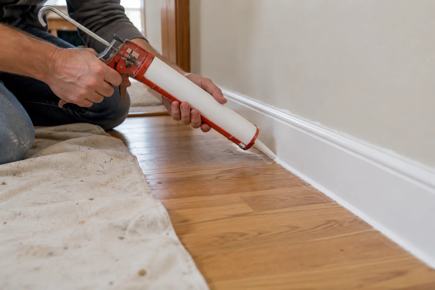 Caulk being applied along an interior baseboard seam