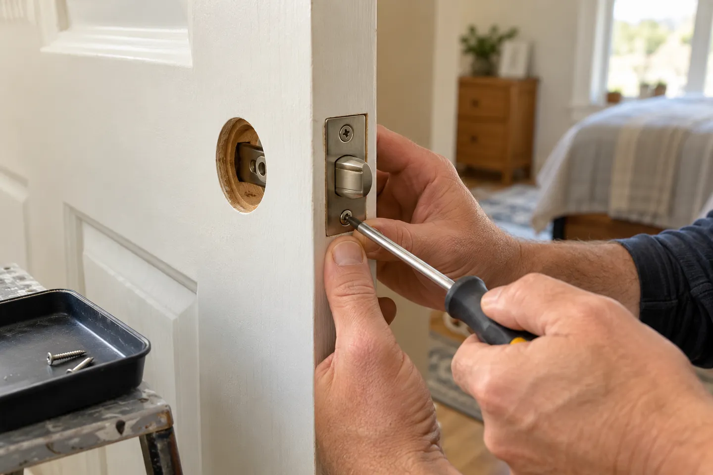 Interior passage latch being fitted into the door edge
