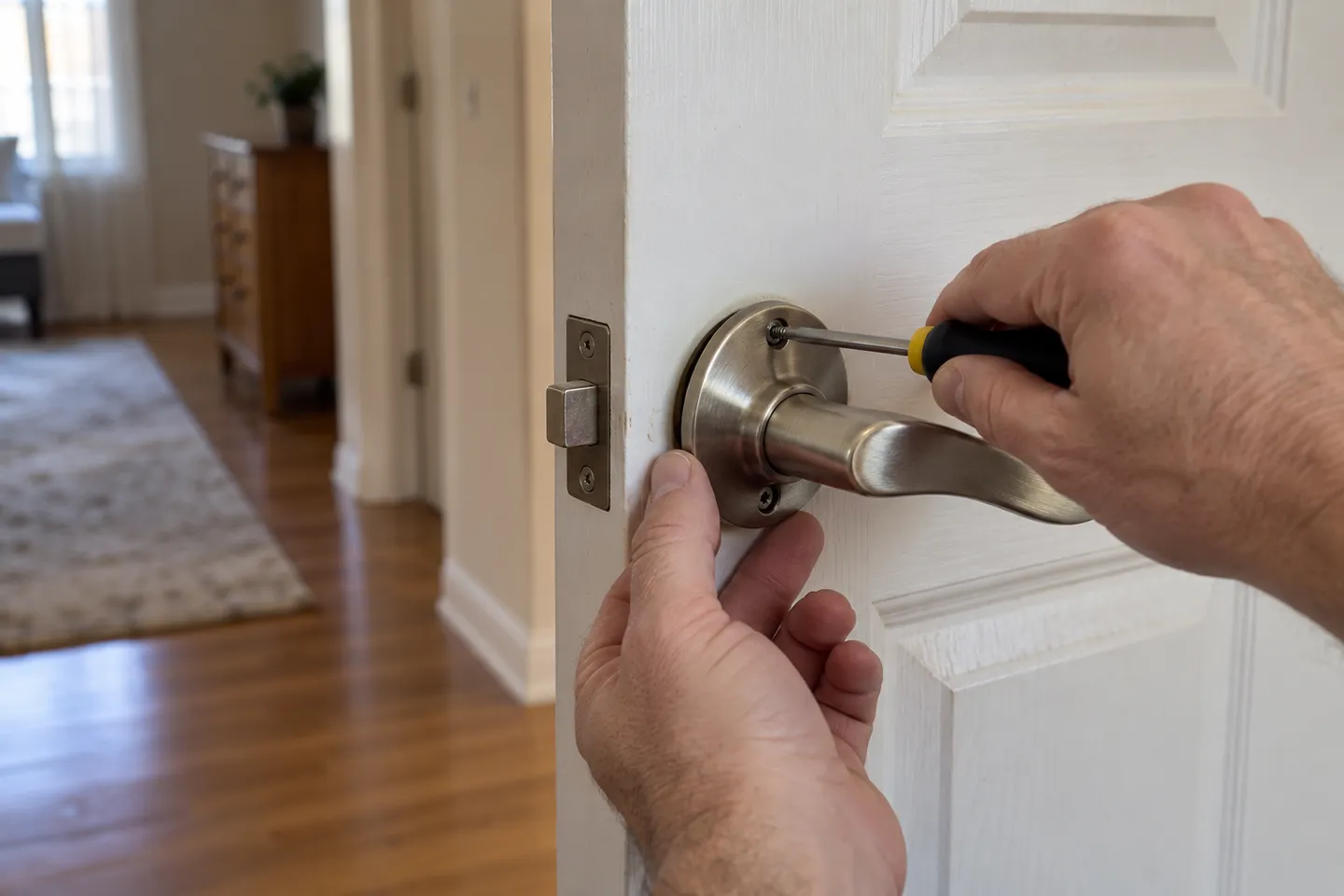 Existing interior passage handle being loosened for removal