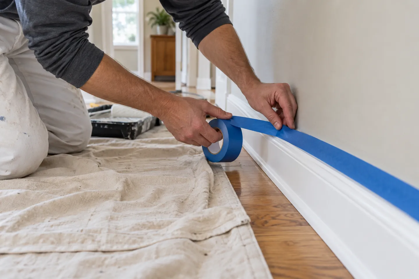 Interior baseboard being masked before wall painting