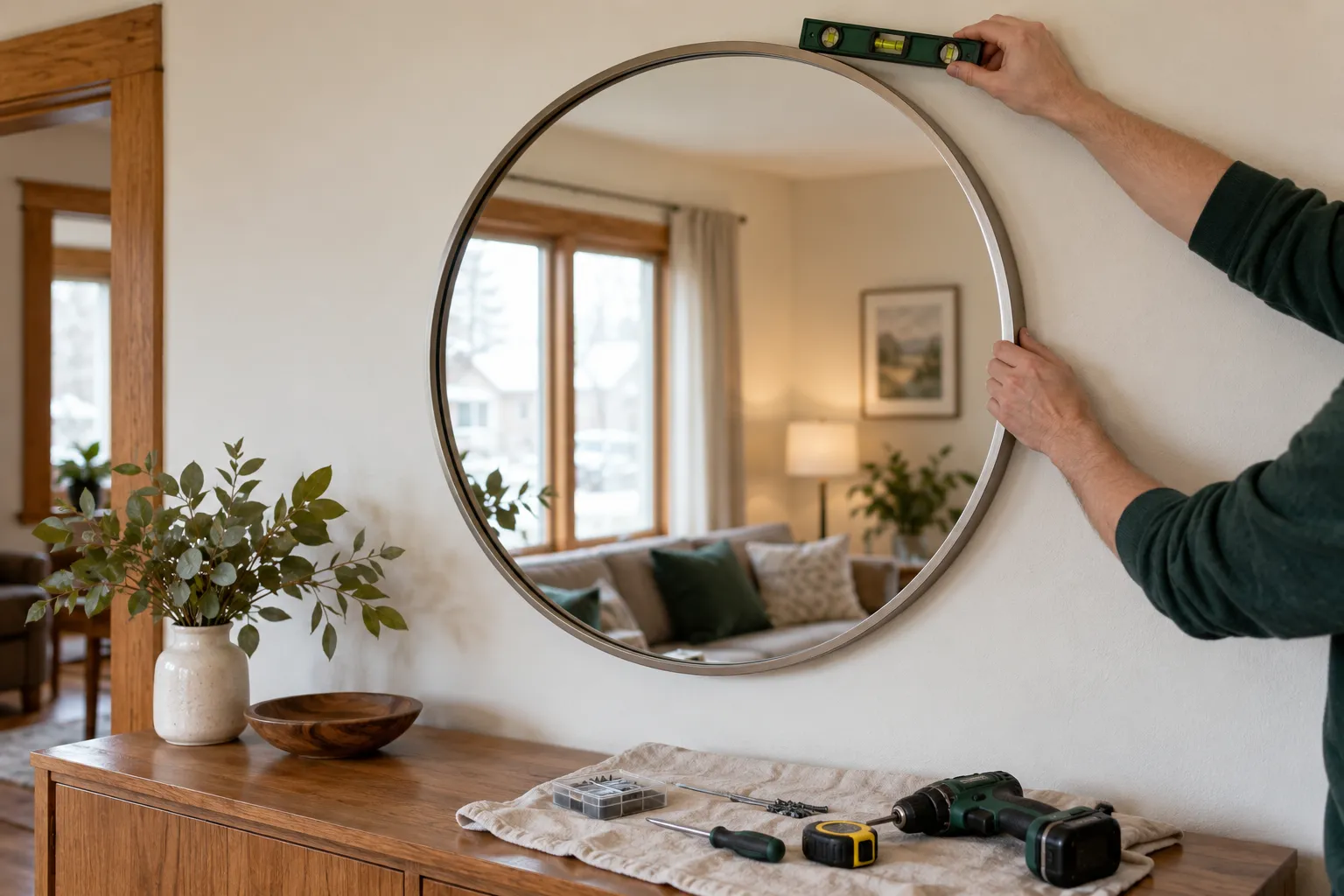 Mirror being securely positioned on an interior wall