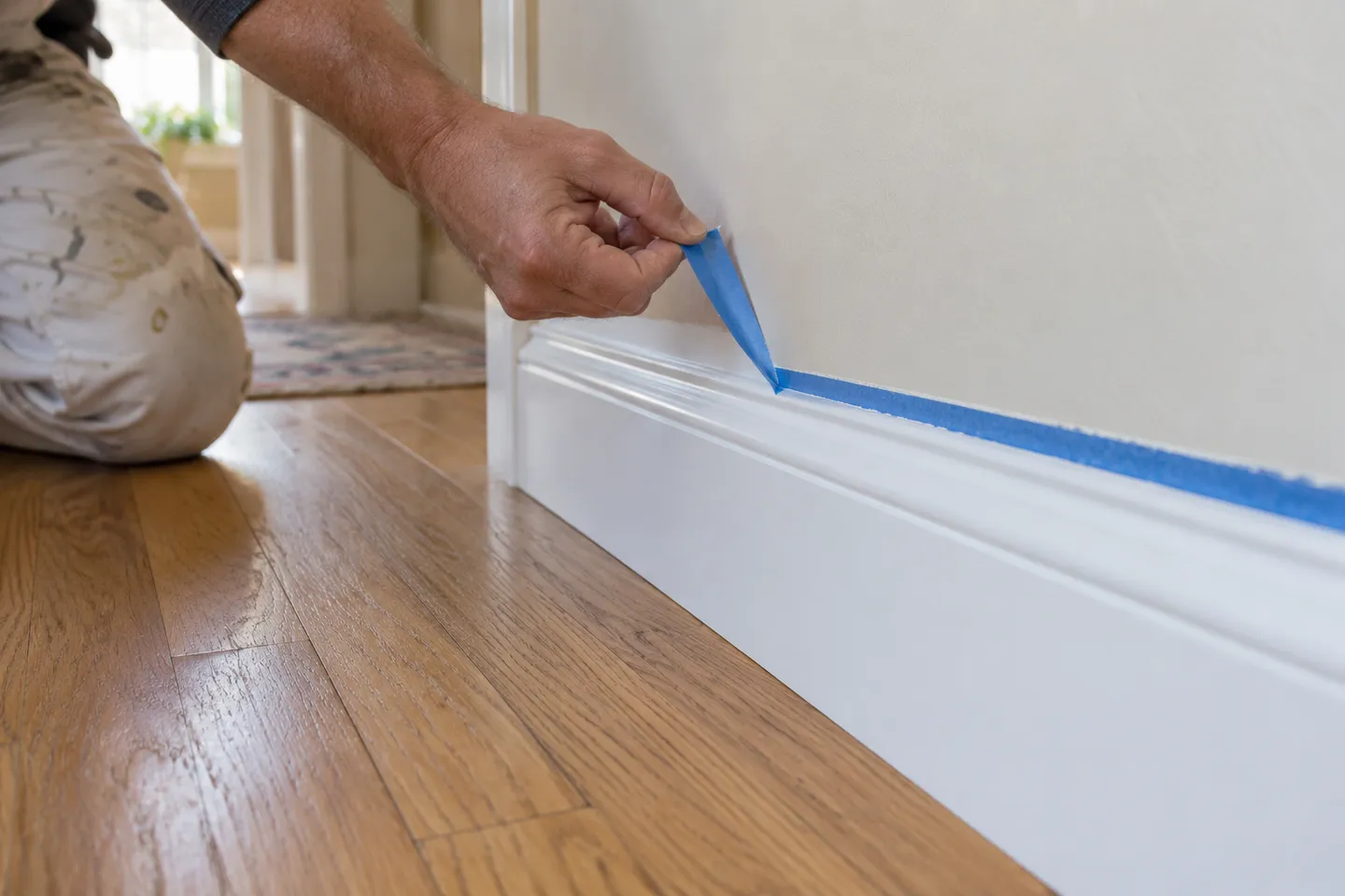 Masking tape being removed along a painted interior trim edge