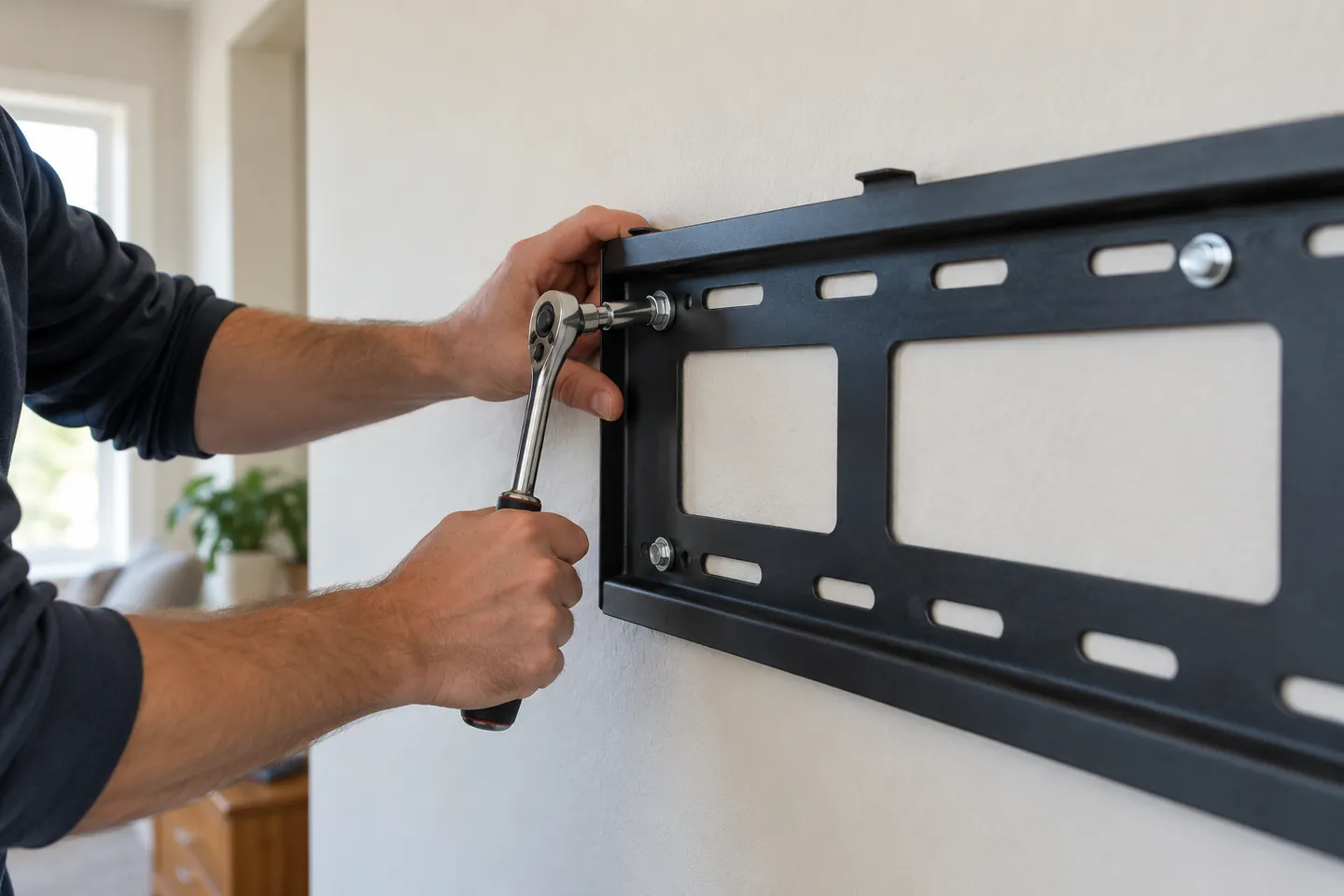 TV wall bracket fastener being tightened with a socket wrench