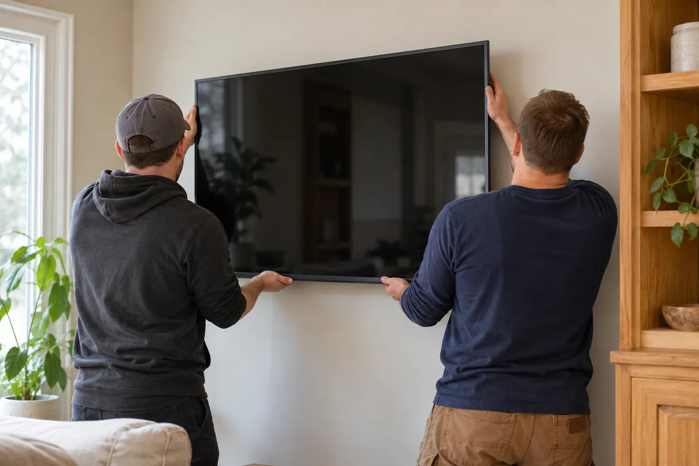 Television being supported and positioned onto a wall bracket