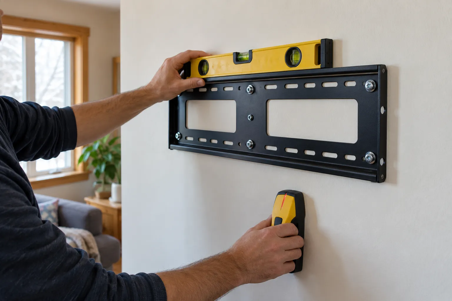TV wall bracket being positioned and checked with a level