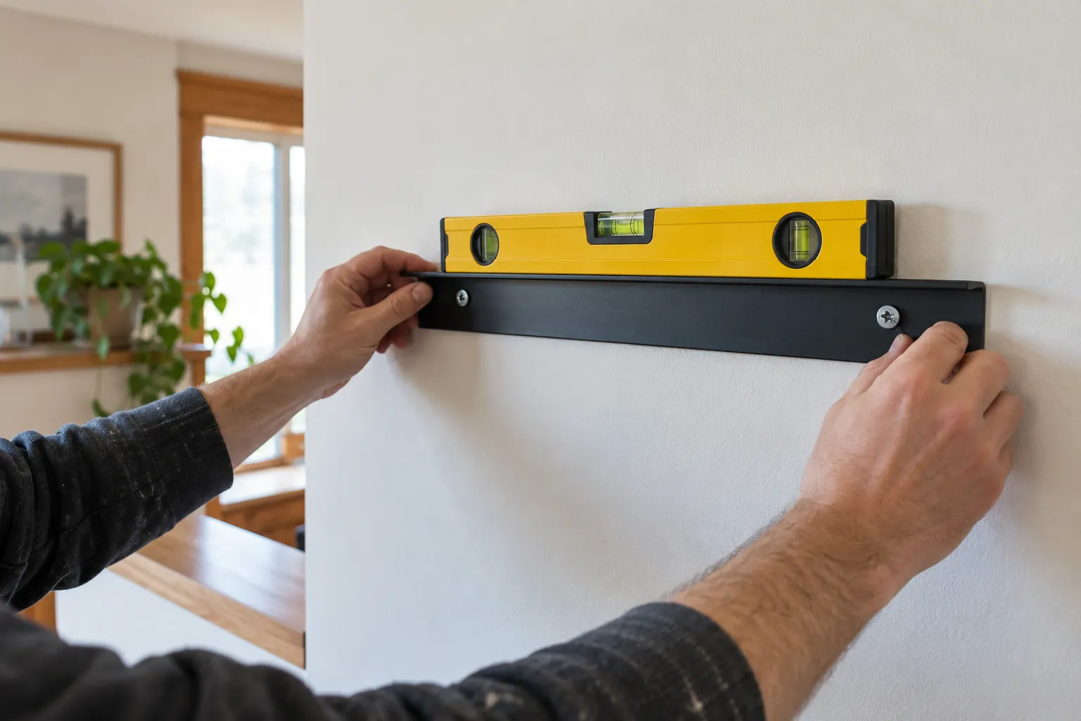 Mounting bracket being aligned on an interior wall with a level