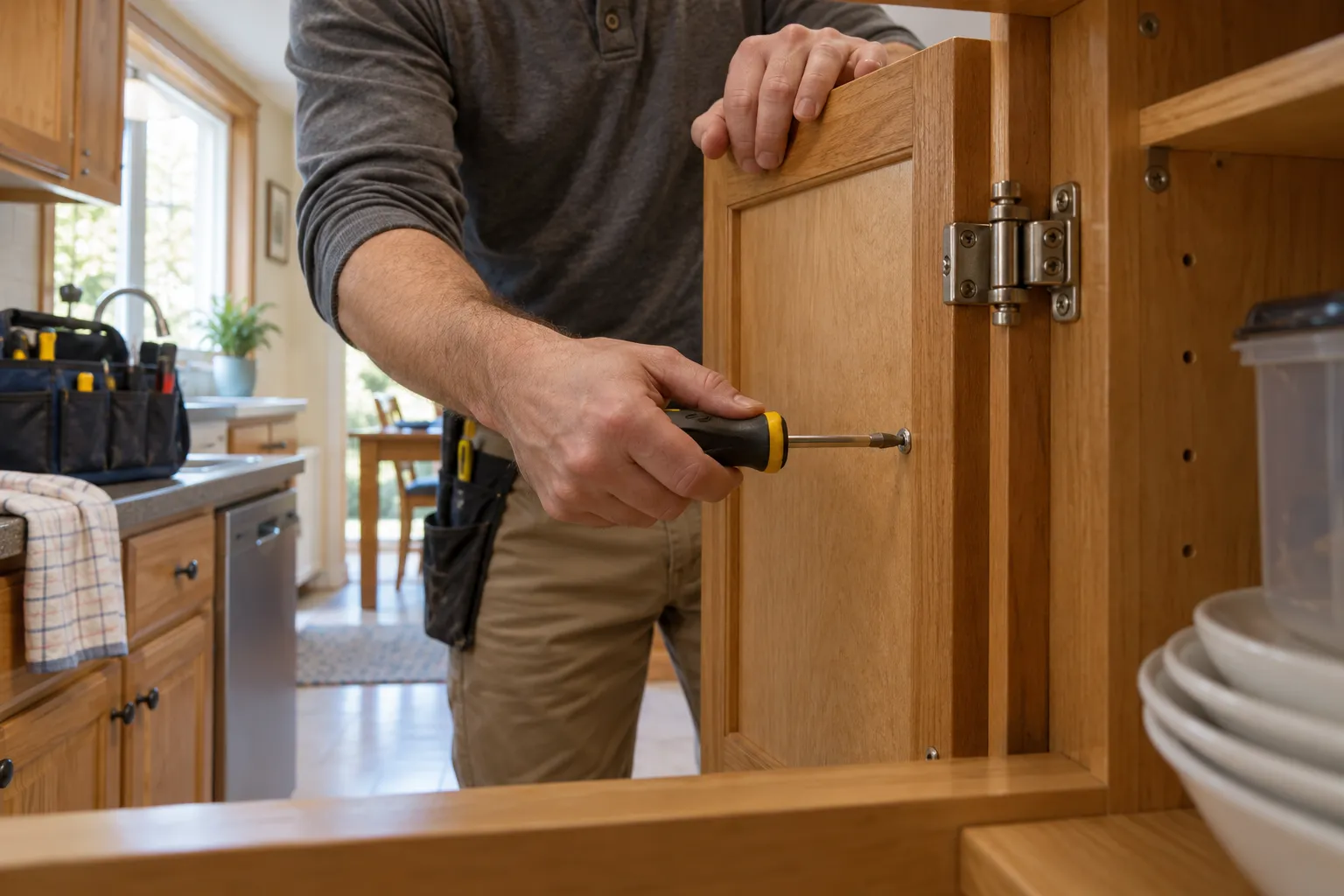 Household cabinet hardware being adjusted in a residential kitchen