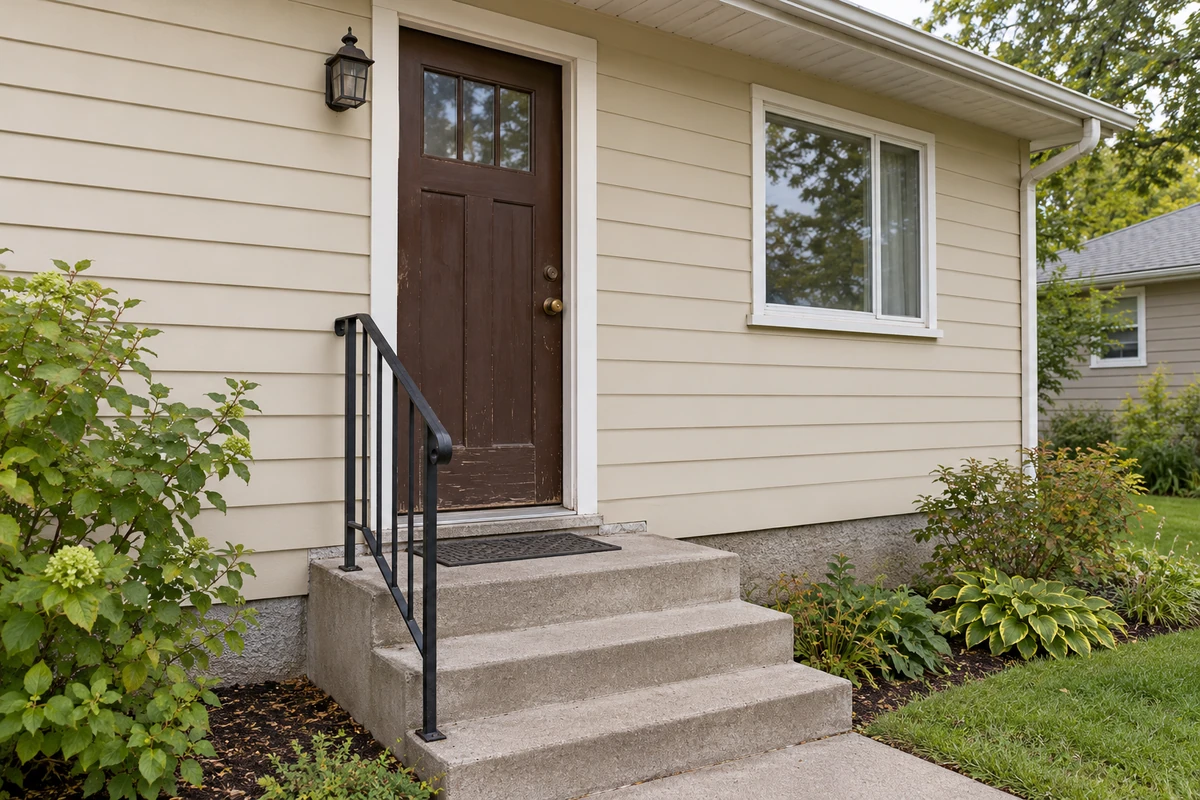 AI-generated illustration: Older brown entrance door at a beige-sided bungalow.