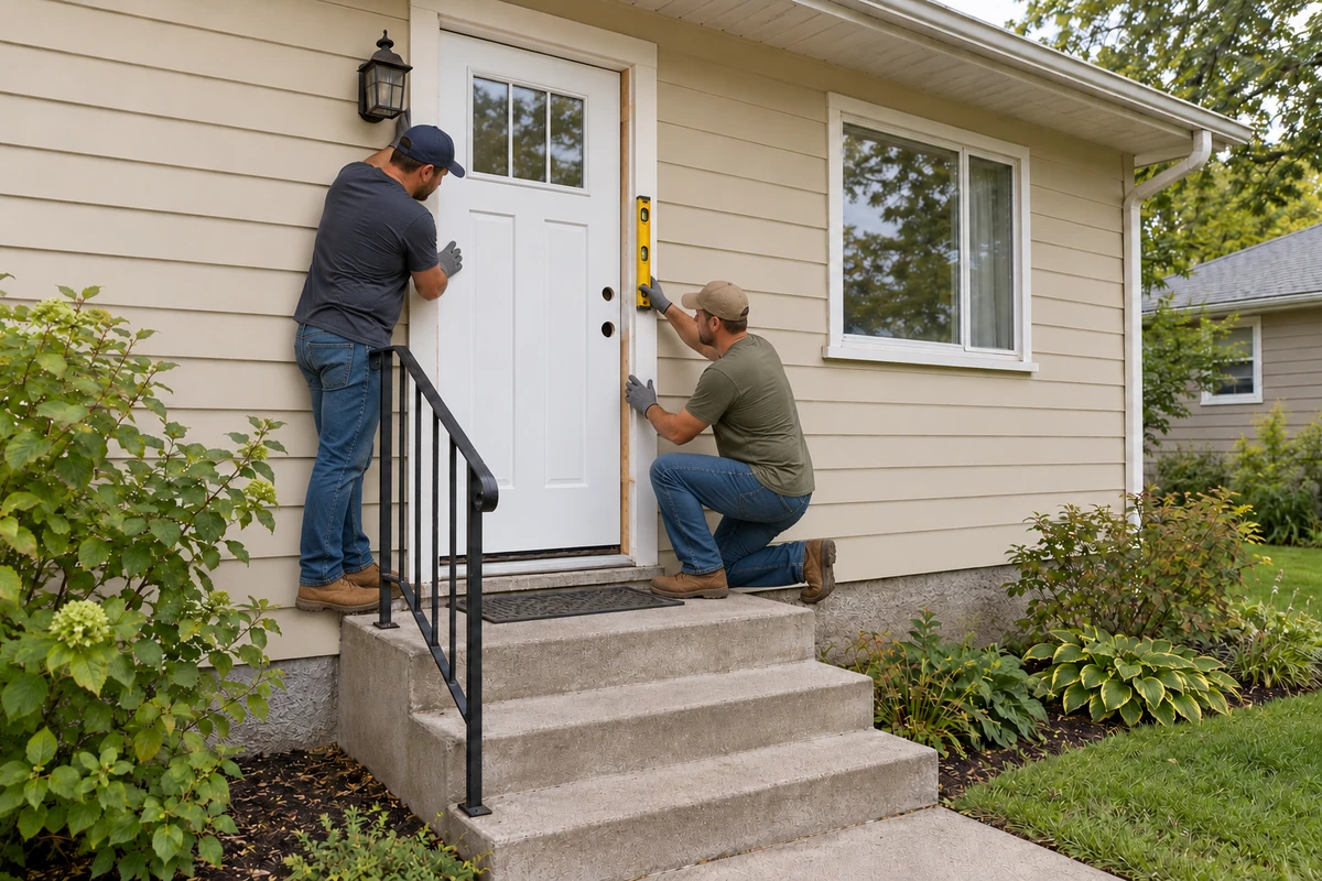 Service illustration: position and install the new door for exterior door replacement.