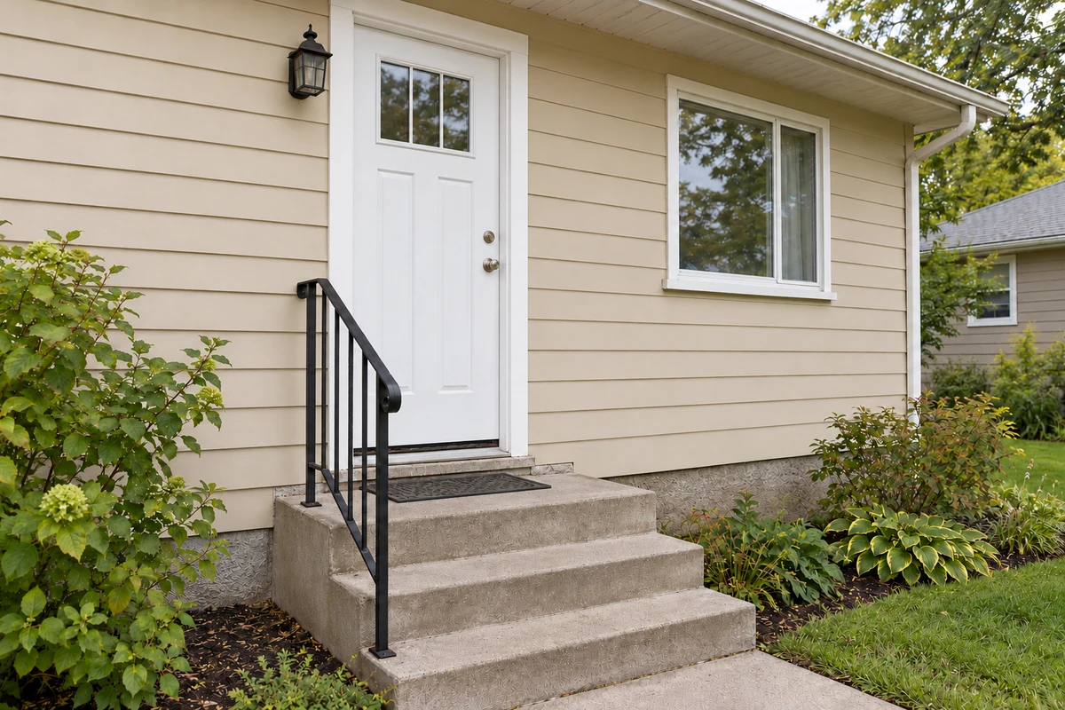 AI-generated illustration: Finished white replacement entrance door with trim at the unchanged bungalow entrance.