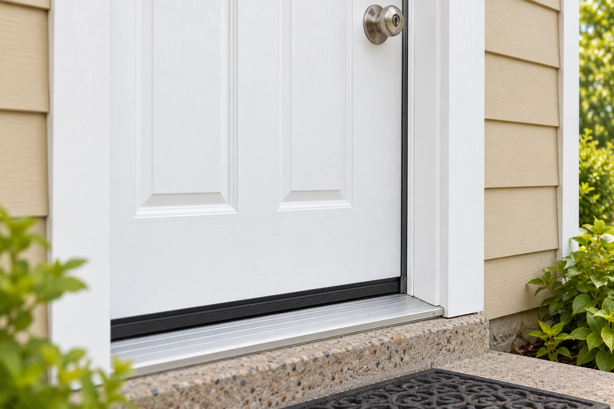 Illustrative close view: threshold, weather seal and hardware details.