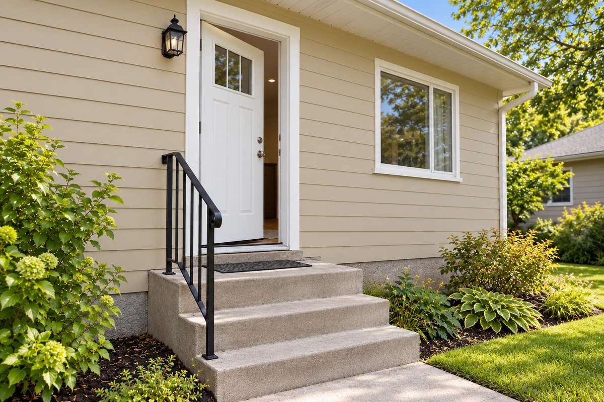 Exterior entry illustration showing a fitted white replacement door.