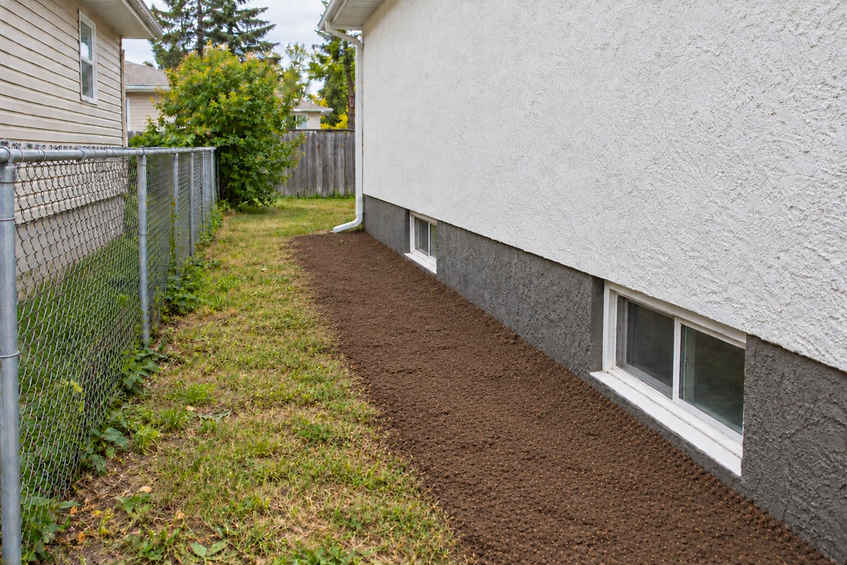 AI-generated illustration: backfilled bare-soil strip with a modest outward surface grade beside the unchanged grey foundation.