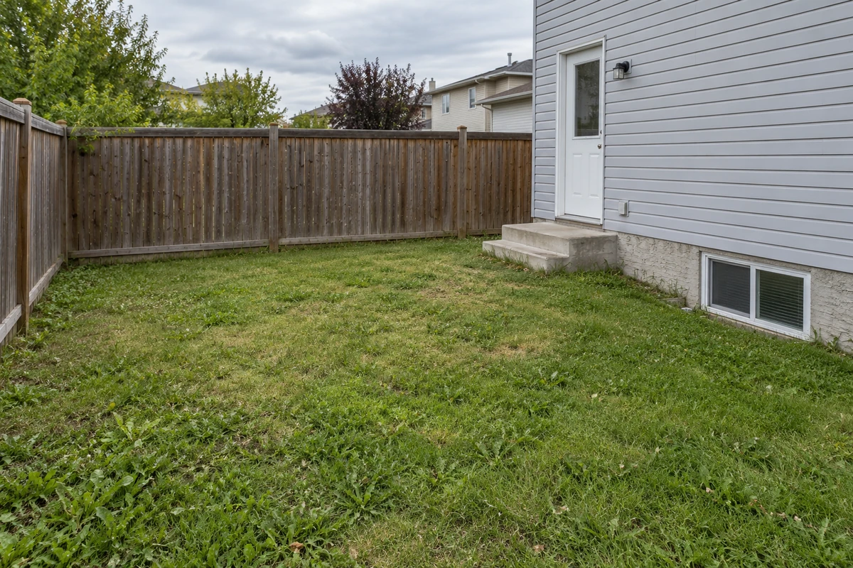 AI-generated illustration: Uneven grass in a modest fenced Winnipeg-style backyard.