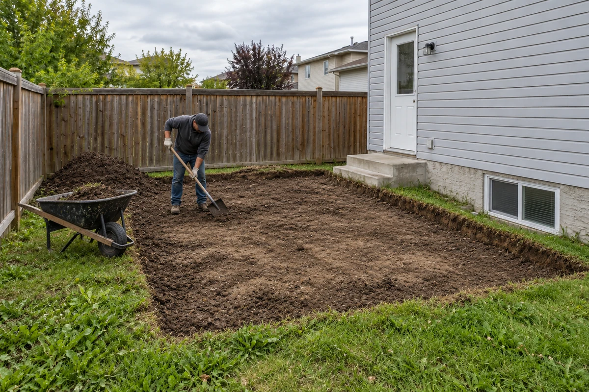 Service illustration: excavation and base preparation for interlocking pavers & patio installation.