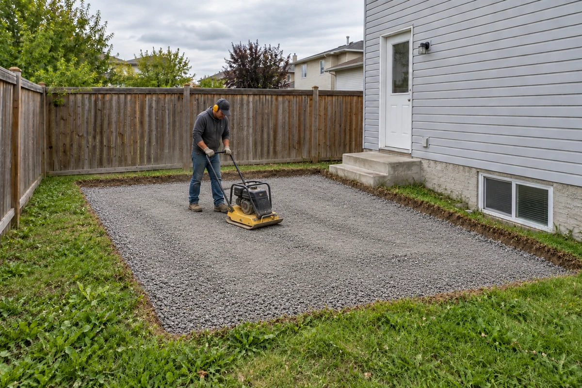 Service illustration: base compaction and grading for interlocking pavers & patio installation.
