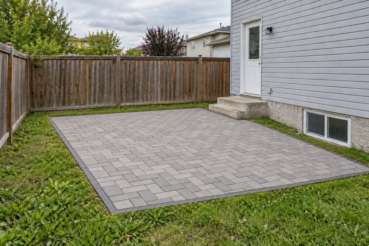 AI-generated illustration: Finished modest grey interlocking-paver patio in the unchanged backyard.