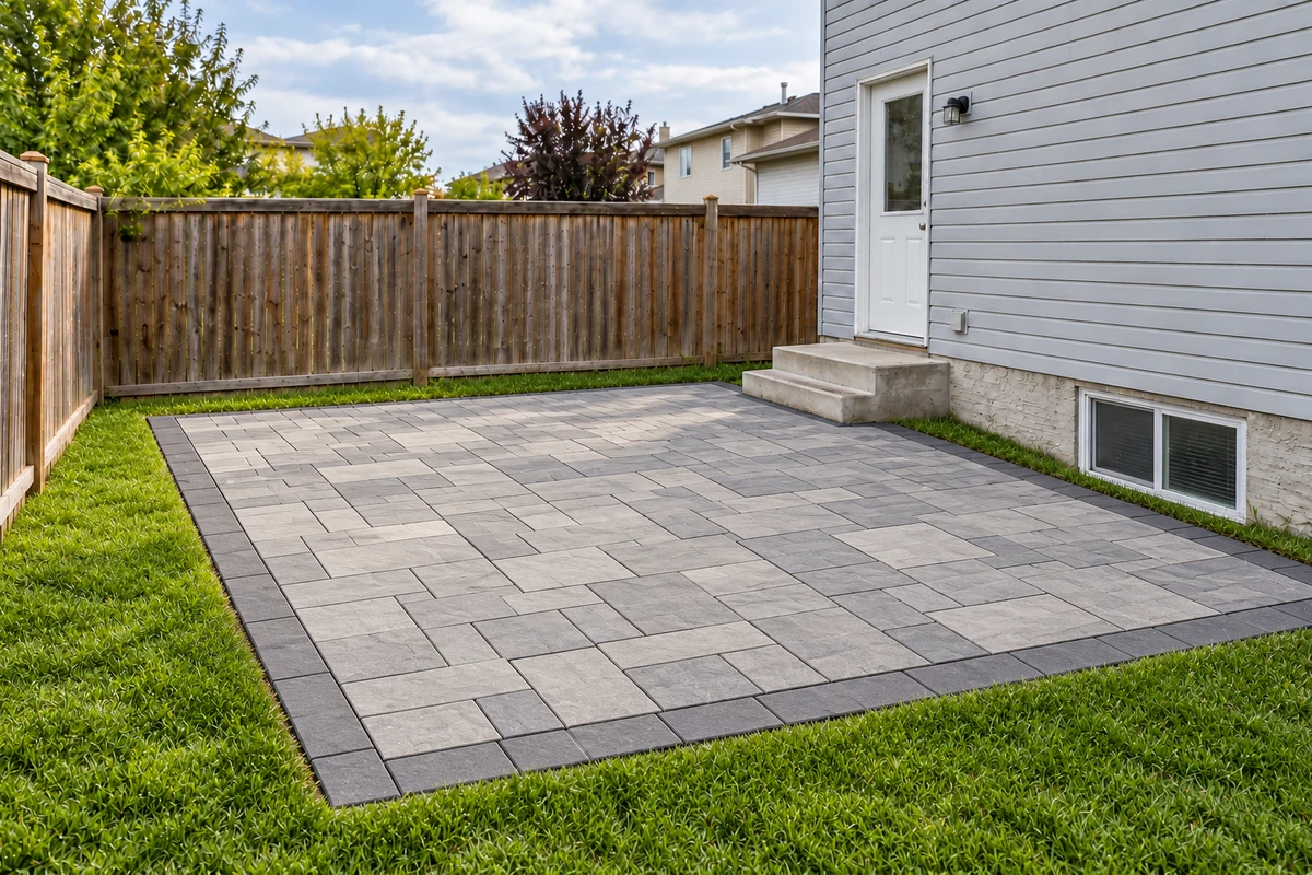 Residential patio illustration showing rectangular interlocking pavers and defined edges.