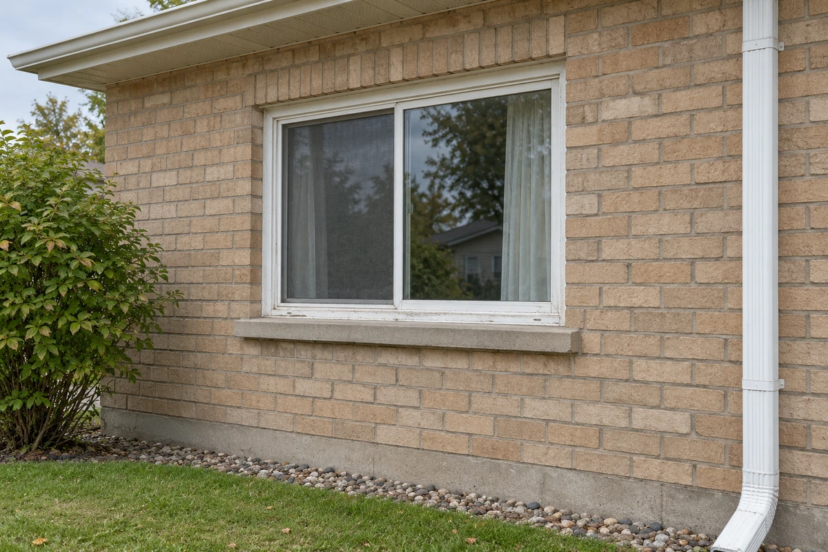 AI-generated illustration: Older white-framed slider window in a tan brick wall.