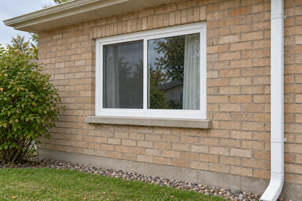 AI-generated illustration: Finished white-framed replacement window in the unchanged tan brick wall.