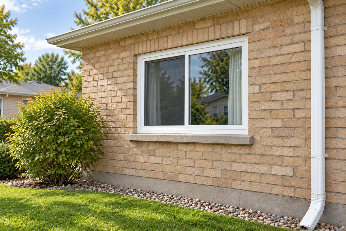 Residential window illustration showing a white replacement window in a brick opening.